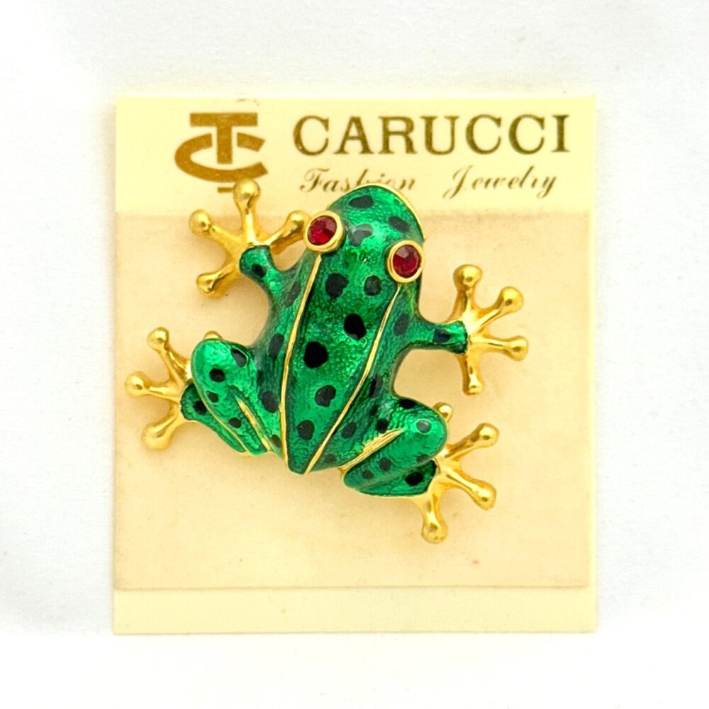 Vintage Carucci Metallic Green Frog Brooch w/Original Card